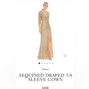 NWT Ieena for Mac Duggal Sequined Draped 3/4 Sleeve Gold Formal Gown, size 4